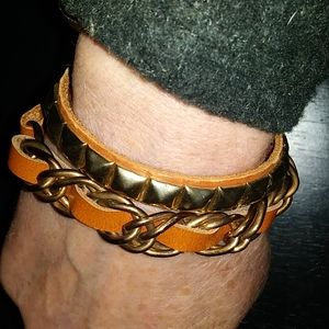 Embellished Leather and metal double wrap bracelet